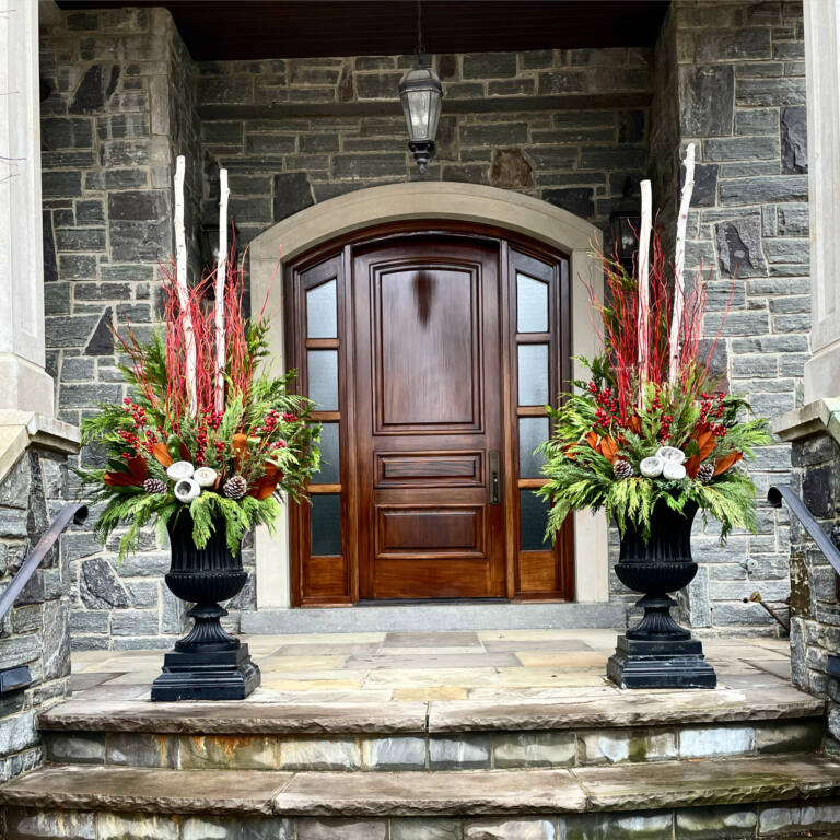 Pair of black urns with red dogwood, birch and magnolia flanking an arched wood door on a stone porch