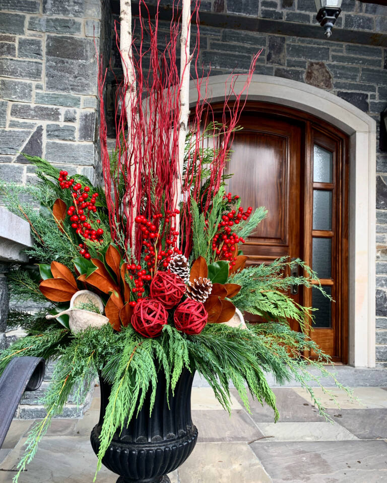 Christmas urn with red dogwood, birch, red roses, magnolia leaves and cedar beside an arched wooden door