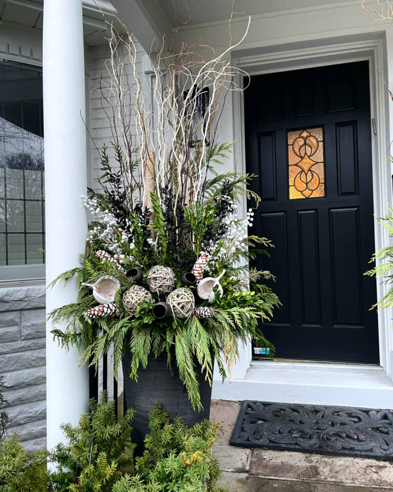 Winter planter with white branches, dried pods and cedar beside a black front door