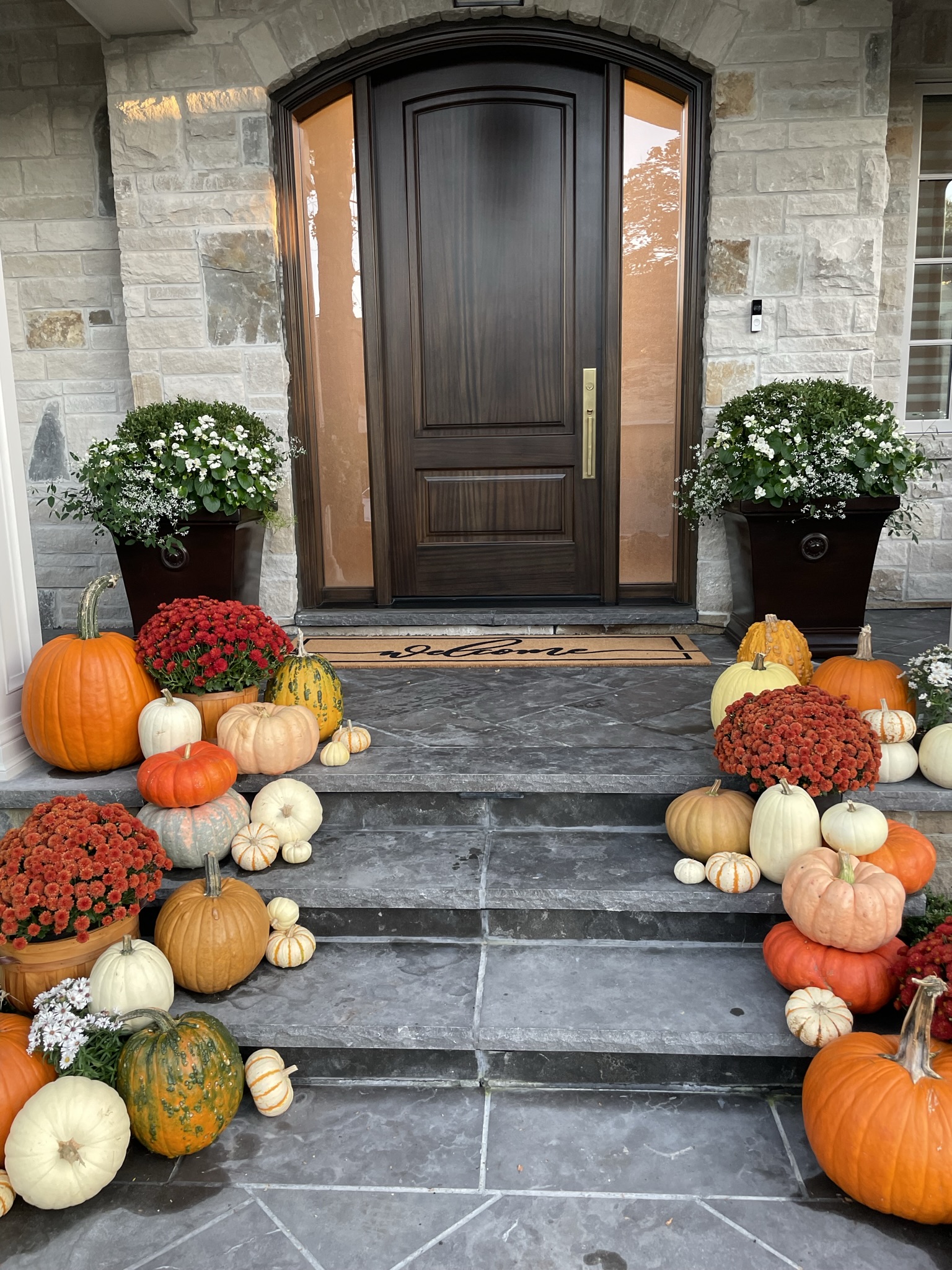Dark wooden double doors with steps massed in orange and white pumpkins and gourds