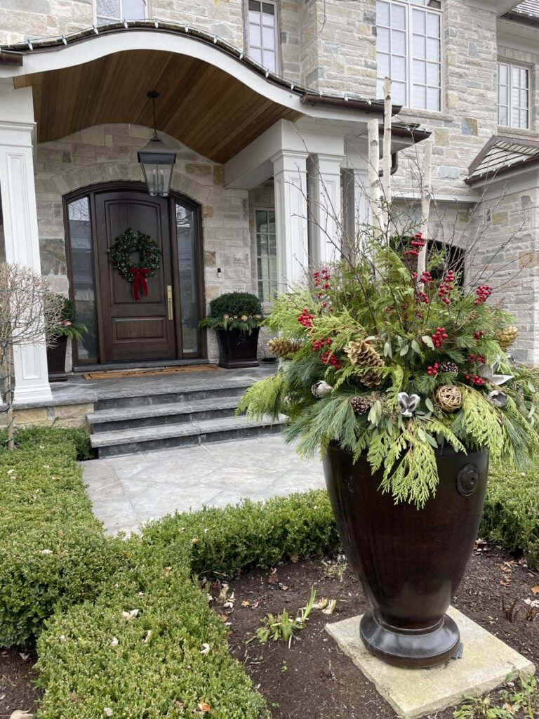 Dark bronze urn planter with burgundy foliage and evergreen at a stone front entry