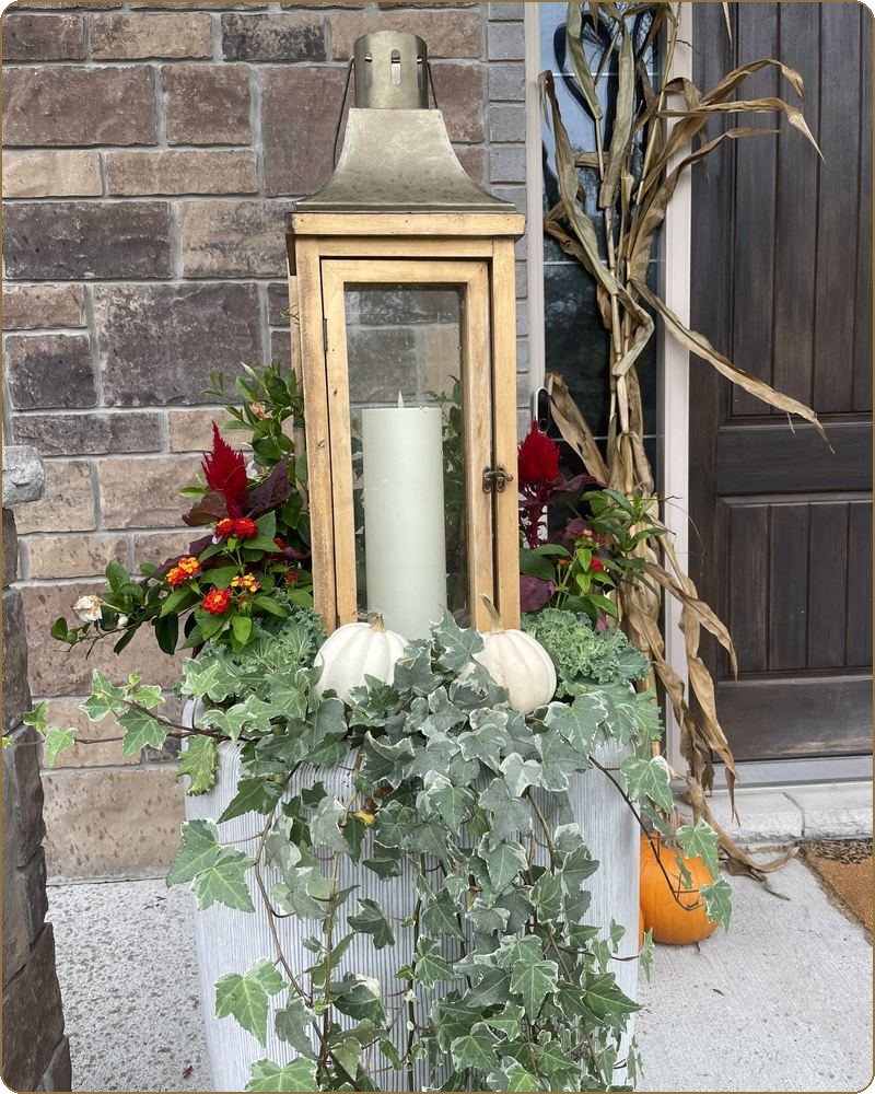 Fall entry with a lantern, dried corn stalks, red accents and a white pumpkin on stone