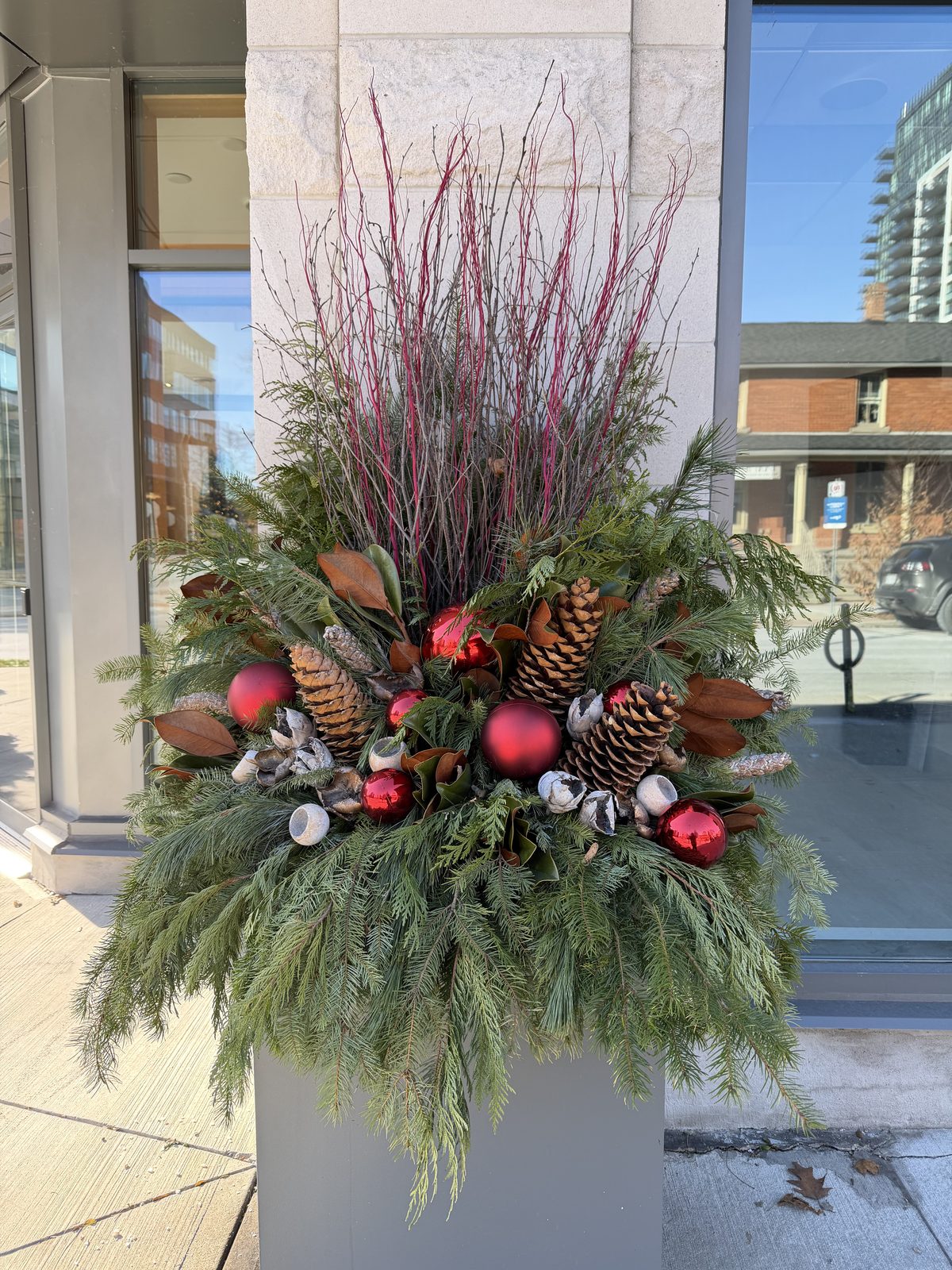 A winter planter with red dogwood, cedar, pine, magnolia leaves, pinecones and red ornaments beside a front door