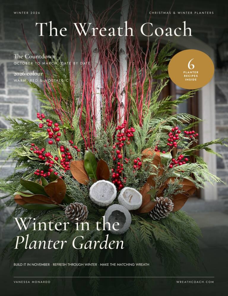 Winter in the Planter Garden 2026 magazine cover, showing a winter planter with red curly willow, cedar, magnolia and berries.